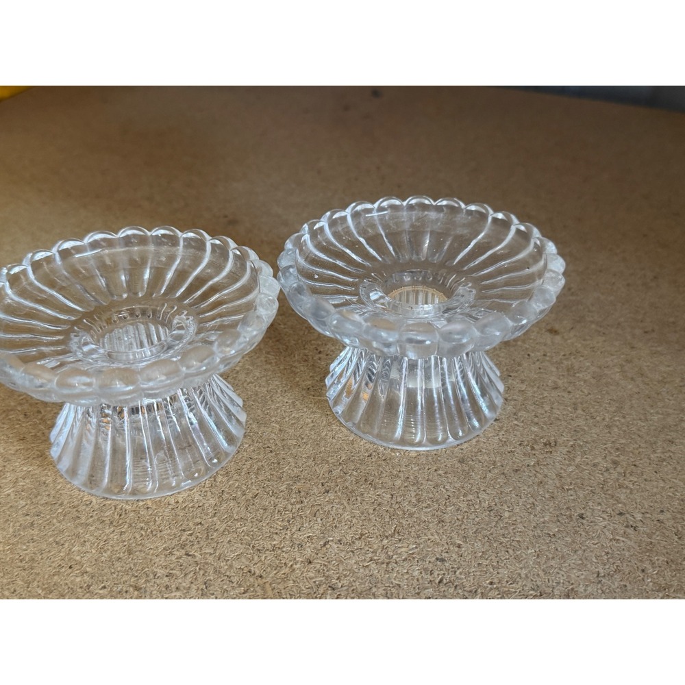 PartyLite Clear Glass Ribbed Scalloped Taper Candle Holders Pair Set of 2